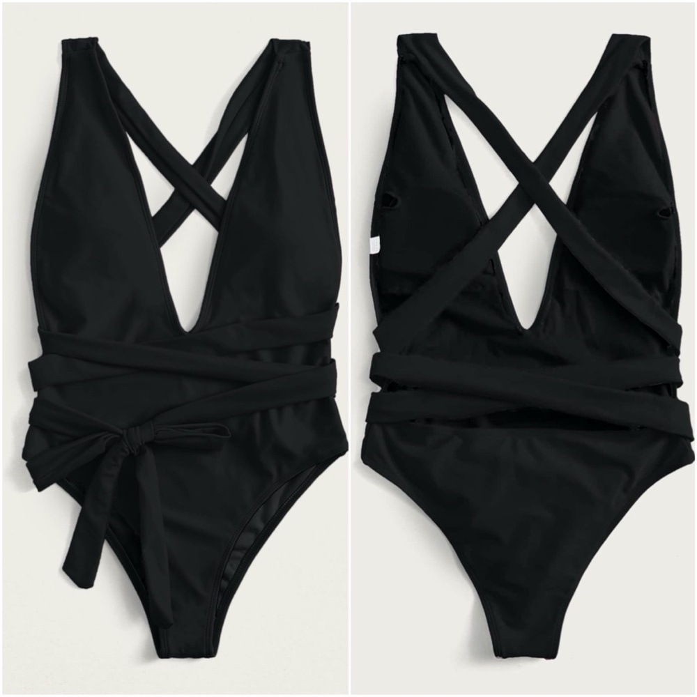 Boho Black plunging neckline wrap tie monokini One Piece Swim Beach - Picture 3 of 12